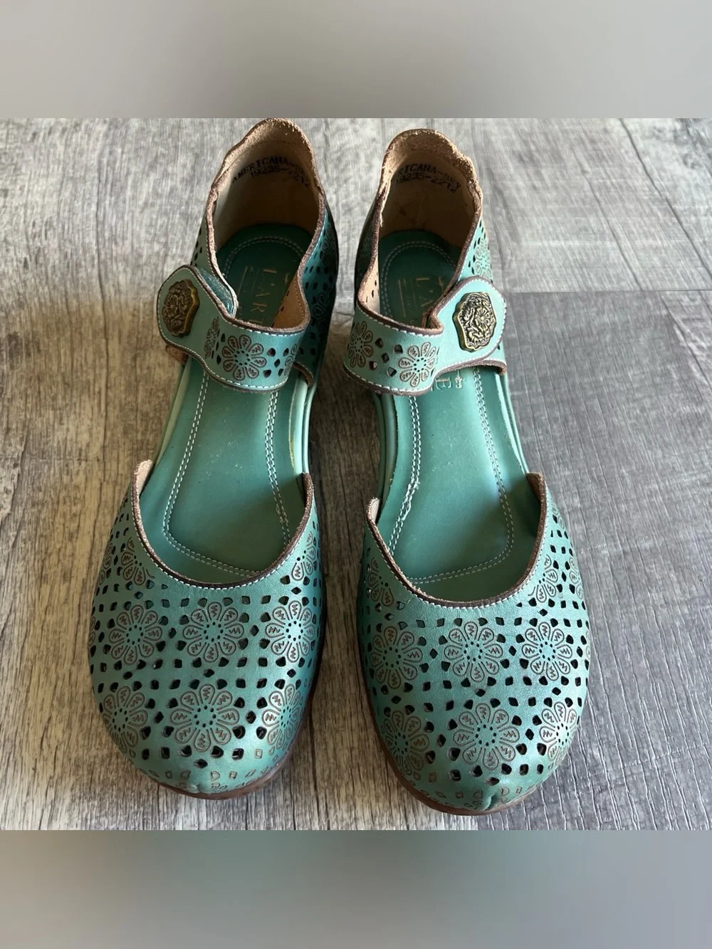 L'ATISTE Teal Perforated Leather Mary Jane Wedges